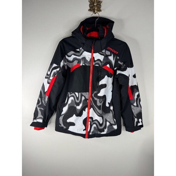 Spyder Leader Jacket Boys Youth Size 14 Ski winter Snow Black Red Hood New - Picture 2 of 6